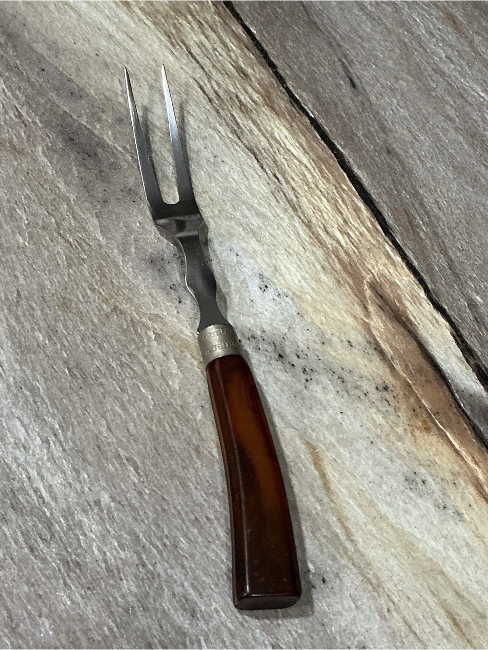 Vintage Brown Bakelite Handle Stainless Steel 2 Tine Meat Carving Fork 10” MCM